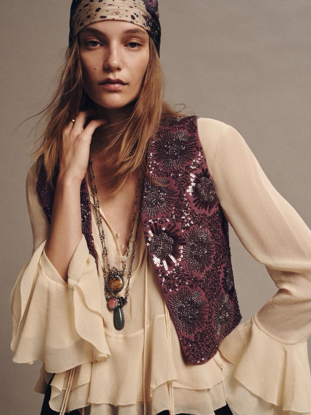 Zara Vest Sequin Beads Embroidered Sleeveless Lilac Purple Medium 5063/834/611